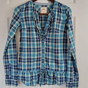 Hollister Plaid Ruffle Blouse Small long sleeve button up waist tie blue yellow
